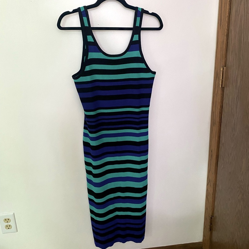 NWT Bold Elements Cut to Curve Large Multi Stripe Bodycon Sleeveless Maxi Dress